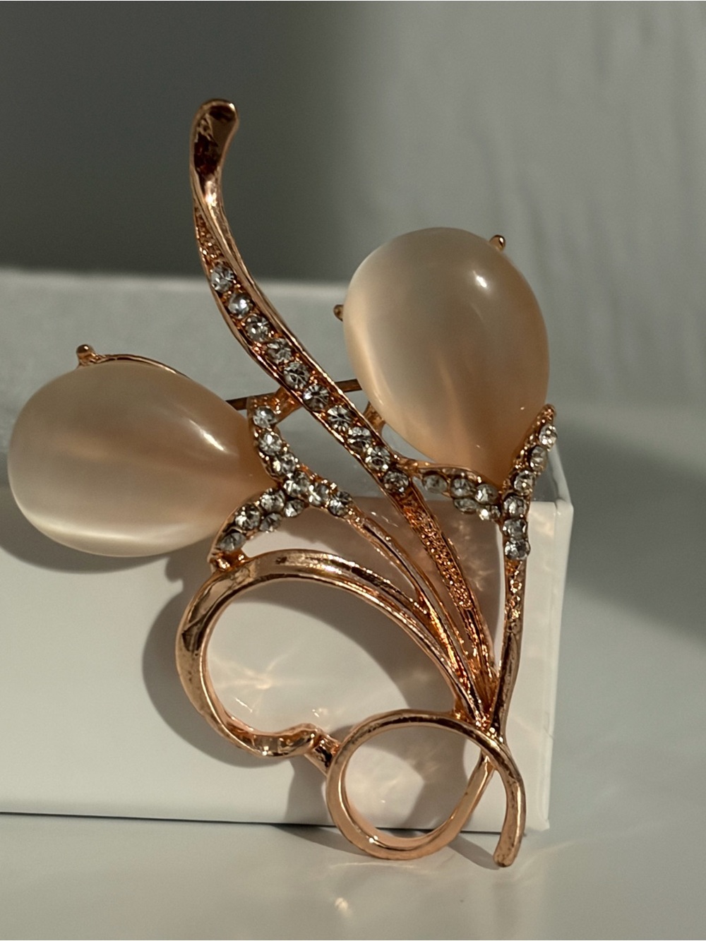 Rose Gold Floral Teardrop Brooch with Champagne Pearlescent Cabochons